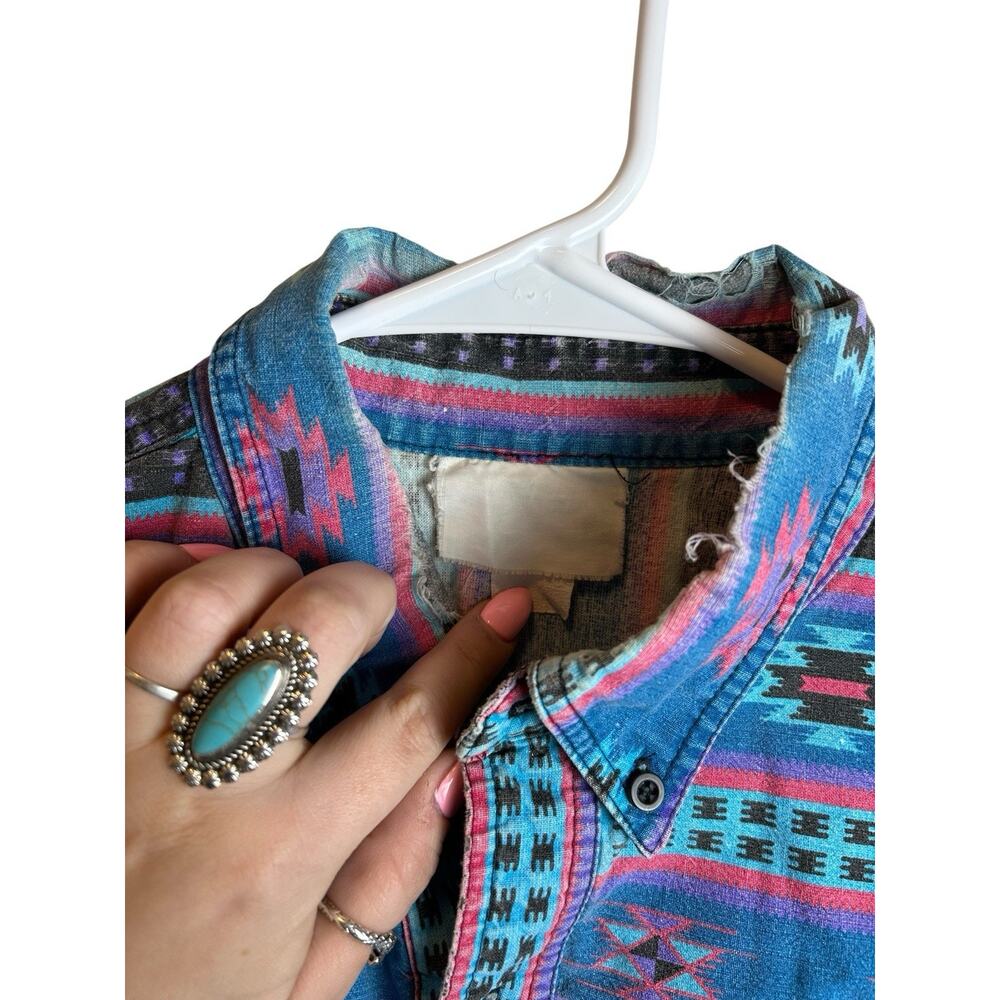 Vintage 90s Distressed Aztec Western Button Up Shirt Cowboy Embroidered XL - Picture 6 of 8